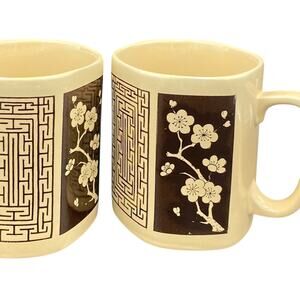 2X M. Kamenstein Cherry Blossom Maze Hexagon Mug Set Tan Black Japan Vtg 1979